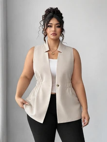 Elenzga Women's Plus Size Classic Versatile Sleeveless Jacket Vest, Autumn - Apricot - View 3