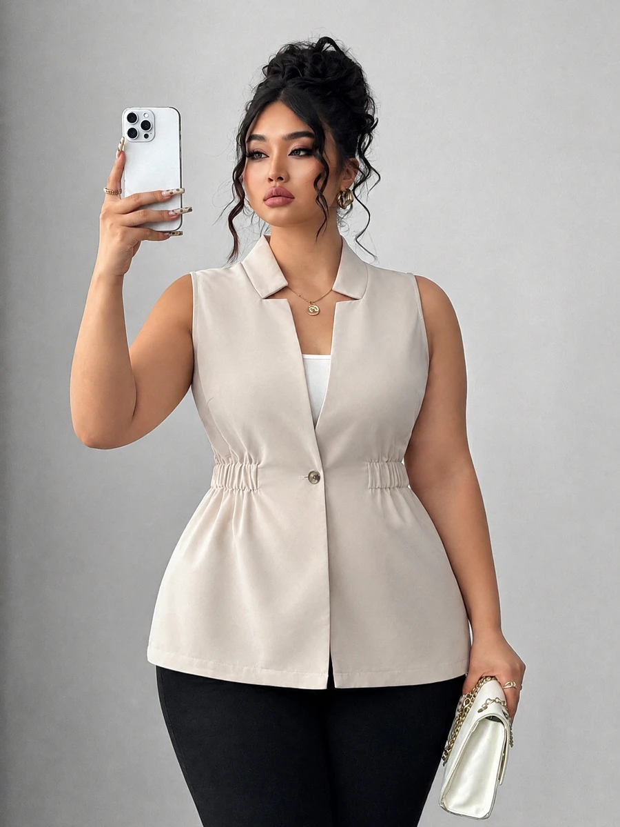 Elenzga Women's Plus Size Classic Versatile Sleeveless Jacket Vest, Autumn - Apricot - View 1