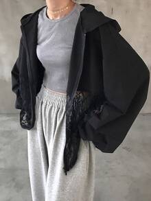 FRIFUL Summer New Solid Color Hooded Patchwork Sheer Lace Fabric Casual Versatile Lightweight Jacket - Black - View 3