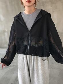 FRIFUL Summer New Solid Color Hooded Patchwork Sheer Lace Fabric Casual Versatile Lightweight Jacket - Black - View 6