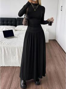 SHEIN EZwear Women's Solid Color Stand Collar Long Sleeve Pleated Casual Dress - Black - View 2
