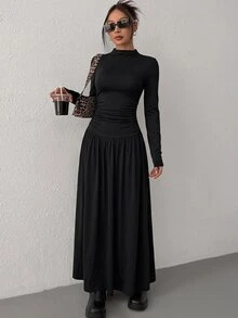 SHEIN EZwear Women's Solid Color Stand Collar Long Sleeve Pleated Casual Dress - Black - View 4
