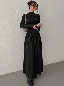 SHEIN EZwear Women's Solid Color Stand Collar Long Sleeve Pleated Casual Dress - Black - View 5