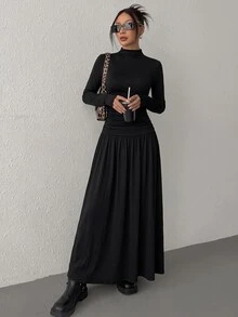 SHEIN EZwear Women's Solid Color Stand Collar Long Sleeve Pleated Casual Dress - Black - View 7