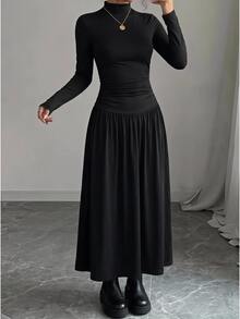 SHEIN EZwear Women's Solid Color Stand Collar Long Sleeve Pleated Casual Dress - Black - View 9