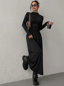 SHEIN EZwear Women's Solid Color Stand Collar Long Sleeve Pleated Casual Dress - Black - View 6