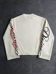 ROMWE MEN Street Life Men's Printed Pattern Waffle Fabric Loose Long Sleeve T-Shirt Street Vintage - Apricot - View 3