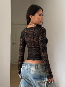 StreetHx Women's Fashionable Sheer Black Crew Neck Long Sleeve Lace Top - Black - View 2
