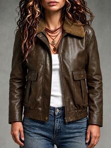 SHEIN Women's Autumn/Winter Colorblock Collar Zipper PU Leather Casual Jacket, Suitable For Daily Wear And Party Occasions - Brown - View 5