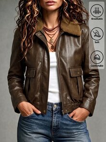SHEIN Women's Autumn/Winter Colorblock Collar Zipper PU Leather Casual Jacket, Suitable For Daily Wear And Party Occasions - Brown - View 3