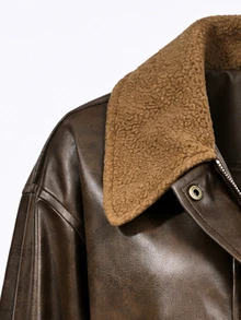 SHEIN Women's Autumn/Winter Colorblock Collar Zipper PU Leather Casual Jacket, Suitable For Daily Wear And Party Occasions - Brown - View 7