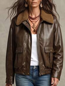 SHEIN Women's Autumn/Winter Colorblock Collar Zipper PU Leather Casual Jacket, Suitable For Daily Wear And Party Occasions - Brown - View 6