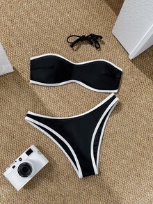 SHEIN Swim 2pcs/Set Women Sexy Wireless Bandeau Top Color Block Triangle Bottom Bikini Set, Summer Beach Party Black And White - Black and White - View 3