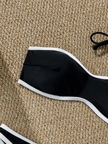 SHEIN Swim 2pcs/Set Women Sexy Wireless Bandeau Top Color Block Triangle Bottom Bikini Set, Summer Beach Party Black And White - Black and White - View 5