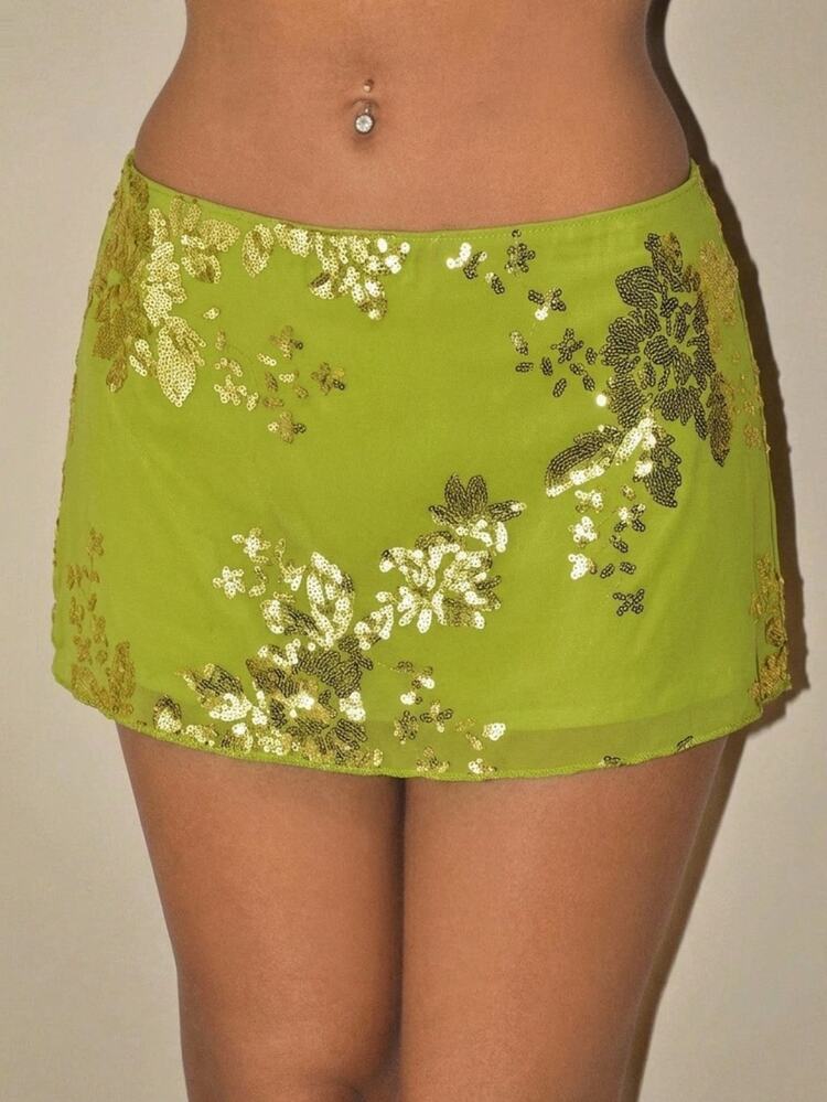Sweetina Women's Elegant Green Mini Skirt With Gold Sequins And Floral Design - Green - View 1