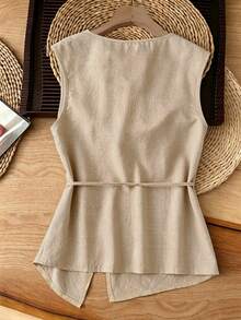 SHEIN Franclia Women's Floral Embroidered Cowl Neck Side Tie Waist Sleeveless Blouse - Khaki - View 2
