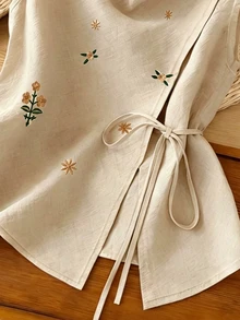 SHEIN Franclia Women's Floral Embroidered Cowl Neck Side Tie Waist Sleeveless Blouse - Khaki - View 5