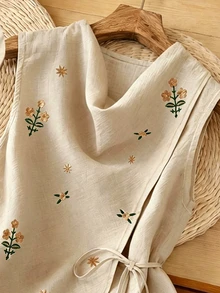 SHEIN Franclia Women's Floral Embroidered Cowl Neck Side Tie Waist Sleeveless Blouse - Khaki - View 3