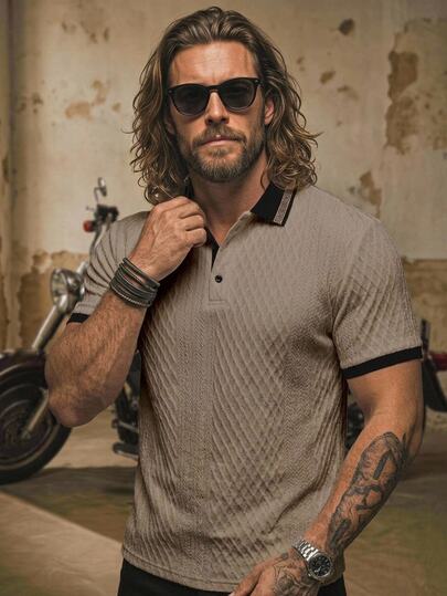 Fenqiro Plus Size Men's Contrast Trim Textured Short Sleeve Polo Shirt, Formal