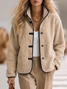 SHEIN Women's Spring/Autumn Deep Faux Fur Coat, Casual Loose Fit, Button Front, Long Sleeve, Fashionable And Elegant For Outings, Dates And Commuting - Khaki - View 9