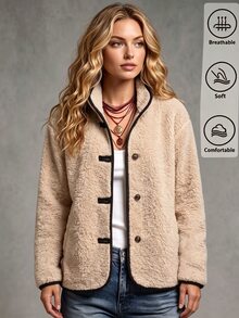 SHEIN Women's Spring/Autumn Deep Faux Fur Coat, Casual Loose Fit, Button Front, Long Sleeve, Fashionable And Elegant For Outings, Dates And Commuting - Khaki - View 4