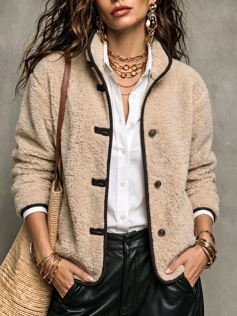 SHEIN Women's Spring/Autumn Deep Faux Fur Coat, Casual Loose Fit, Button Front, Long Sleeve, Fashionable And Elegant For Outings, Dates And Commuting - Khaki - View 1