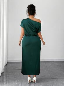 Elenzga Plus Size Women Satin Draped Neck Asymmetric Ruched Waist Slim A-Line Dress, Summer - Dark Green - View 2