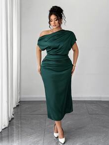 Elenzga Plus Size Women Satin Draped Neck Asymmetric Ruched Waist Slim A-Line Dress, Summer - Dark Green - View 8