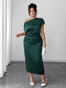Elenzga Plus Size Women Satin Draped Neck Asymmetric Ruched Waist Slim A-Line Dress, Summer - Dark Green - View 6