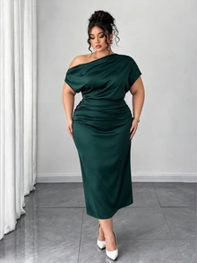 Elenzga Plus Size Women Satin Draped Neck Asymmetric Ruched Waist Slim A-Line Dress, Summer - Dark Green - View 3