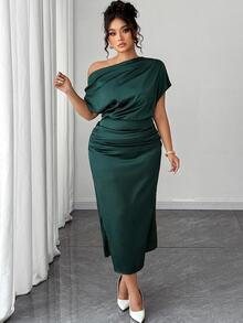 Elenzga Plus Size Women Satin Draped Neck Asymmetric Ruched Waist Slim A-Line Dress, Summer - Dark Green - View 7