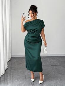 Elenzga Plus Size Women Satin Draped Neck Asymmetric Ruched Waist Slim A-Line Dress, Summer - Dark Green - View 4