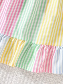 SHEIN Genkimix Kids 1件少女甜美彩虹條紋雛菊飾邊細肩帶荷葉邊下擺A字洋裝，柔軟聚酯纖維，聖誕派對秋季風格 - 彩色 - 查看 6