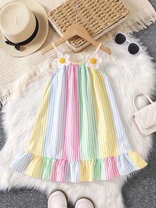SHEIN Genkimix Kids 1件少女甜美彩虹條紋雛菊飾邊細肩帶荷葉邊下擺A字洋裝，柔軟聚酯纖維，聖誕派對秋季風格 - 彩色 - 查看 2