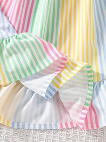 SHEIN Genkimix Kids 1件少女甜美彩虹條紋雛菊飾邊細肩帶荷葉邊下擺A字洋裝，柔軟聚酯纖維，聖誕派對秋季風格 - 彩色 - 查看 8