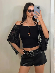 EgrlEra Y2K Black Lace Patchwork Long Bell Sleeve Crop Top, Off-Shoulder Side Ruched Sexy Drape T-Shirt - Black - View 5