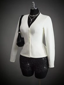 SHEIN ICON Women's Solid Color V-Neck Long Sleeve Casual Knit Cardigan - White - View 12