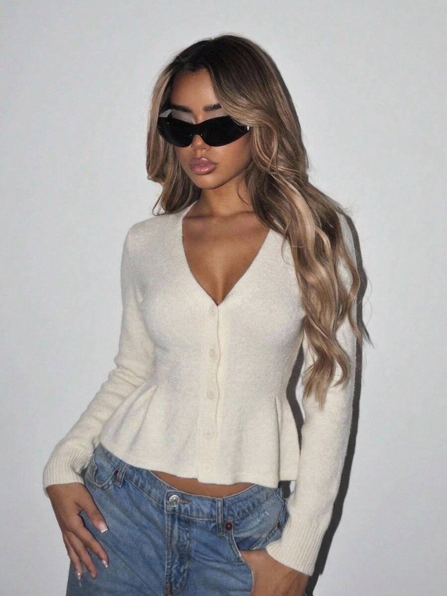 SHEIN ICON Women's Solid Color V-Neck Long Sleeve Casual Knit Cardigan - White - View 1