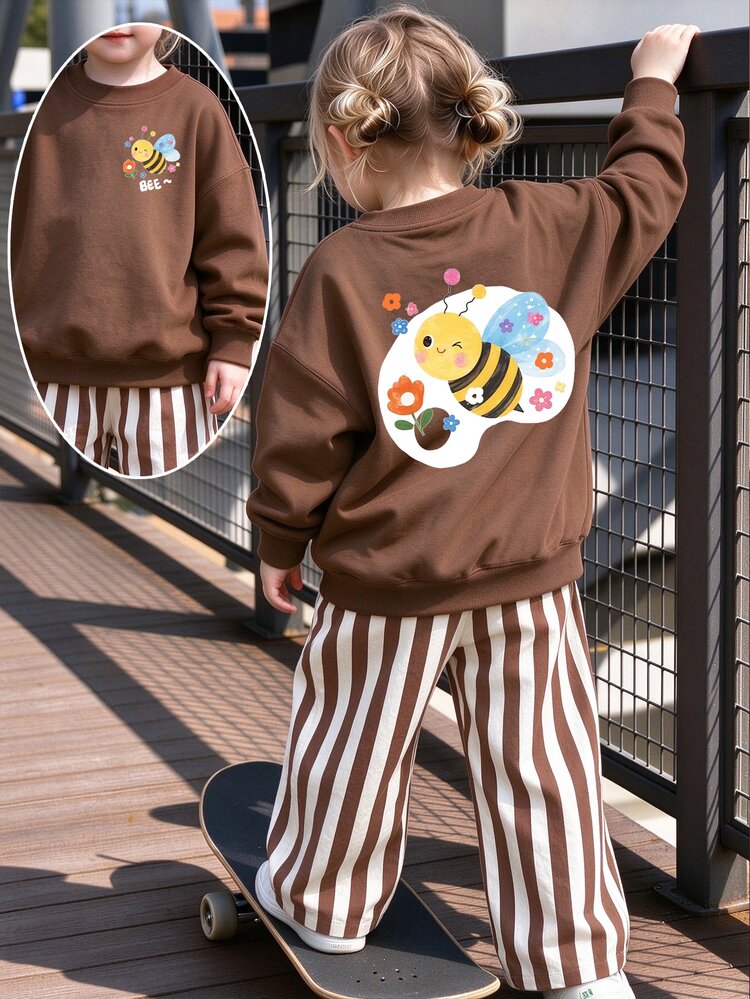 Fall Outfits Baby Girl Fresh Cartoon Cute Little Bee & Flower Print Crew Neck Sweatshirt + Coffee Brown & White Striped Wide Leg Pants Set - Multicolor - View 1