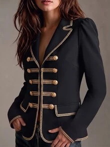 SHEIN Vintage Court Style Gold Trimmed Blazer, Suitable For Commuting, Dating, Banquet And Party - Black - View 5