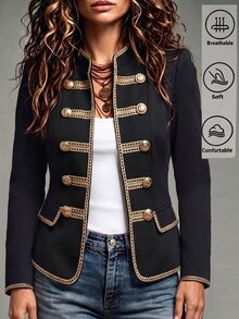 SHEIN Vintage Court Style Gold Trimmed Blazer, Suitable For Commuting, Dating, Banquet And Party - Black - View 7
