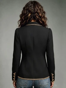 SHEIN Vintage Court Style Gold Trimmed Blazer, Suitable For Commuting, Dating, Banquet And Party - Black - View 2