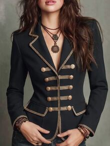SHEIN Vintage Court Style Gold Trimmed Blazer, Suitable For Commuting, Dating, Banquet And Party - Black - View 1