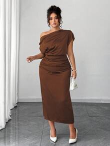 Elenzga Plus Size Women's Satin Asymmetric Ruffle Collar Pleated Waist Slim A-Line Maxi Dress, Summer - Brown - View 9