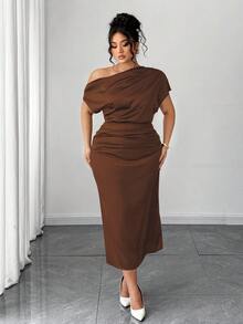 Elenzga Plus Size Women's Satin Asymmetric Ruffle Collar Pleated Waist Slim A-Line Maxi Dress, Summer - Brown - View 6