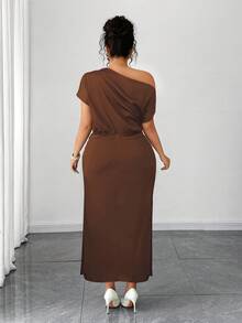 Elenzga Plus Size Women's Satin Asymmetric Ruffle Collar Pleated Waist Slim A-Line Maxi Dress, Summer - Brown - View 2