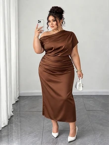Elenzga Plus Size Women's Satin Asymmetric Ruffle Collar Pleated Waist Slim A-Line Maxi Dress, Summer - Brown - View 1