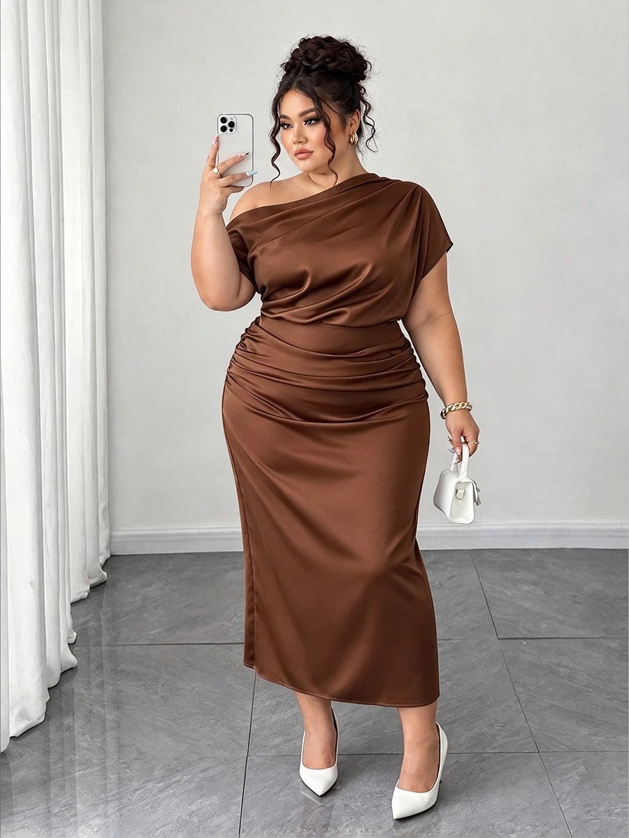 Elenzga Plus Size Women's Satin Asymmetric Ruffle Collar Pleated Waist Slim A-Line Maxi Dress, Summer - Brown - View 1