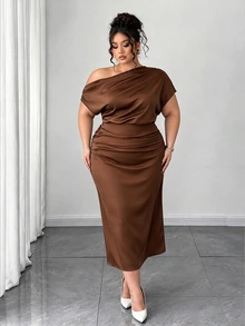 Elenzga Plus Size Women's Satin Asymmetric Ruffle Collar Pleated Waist Slim A-Line Maxi Dress, Summer - Brown - View 3