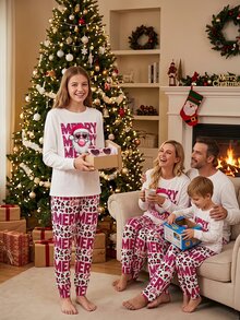 SHEIN Teen Girl Autumn/Winter Christmas Pajamas 2pcs Snug Fit Long Sleeve Pants Print Letter Formal Party Pink Cute Baggy - White - View 1